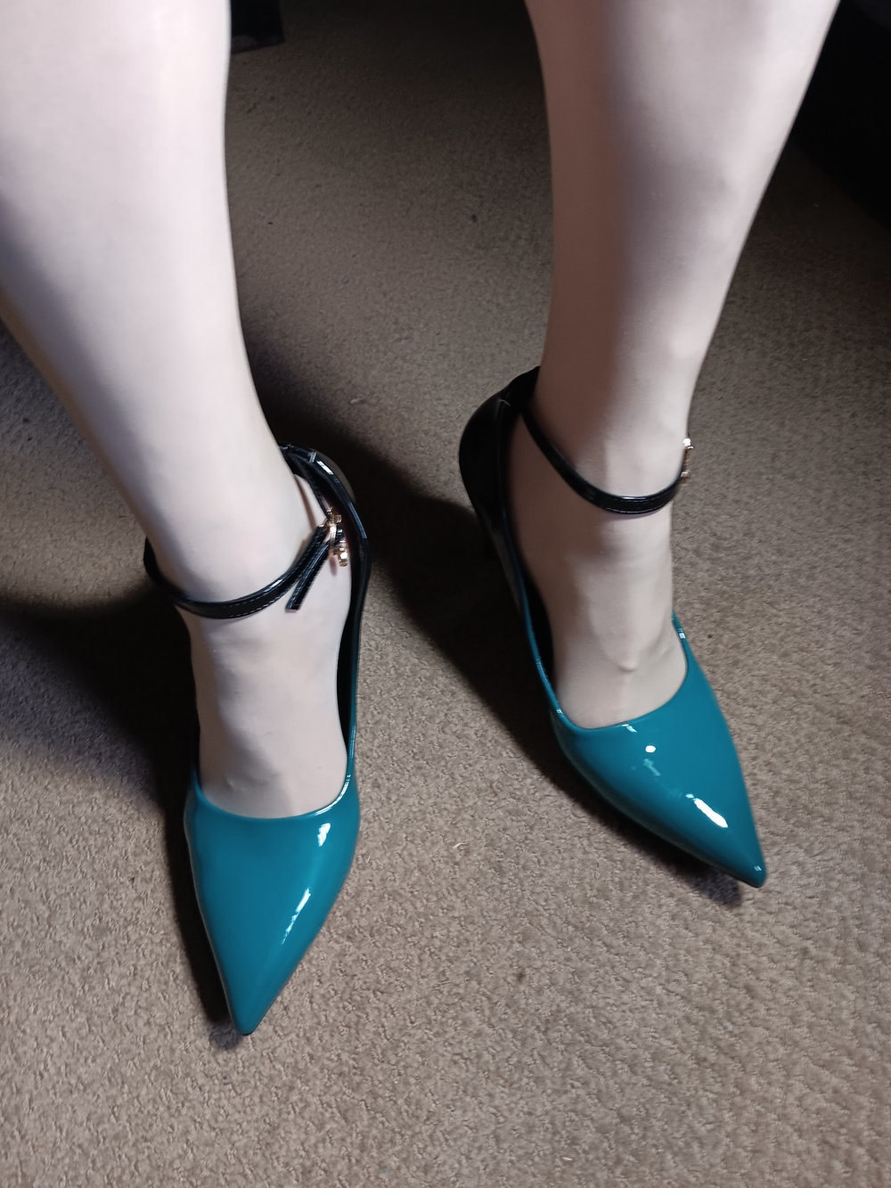 Teal Patent Pointed-Toe Ankle-Strap Pumps